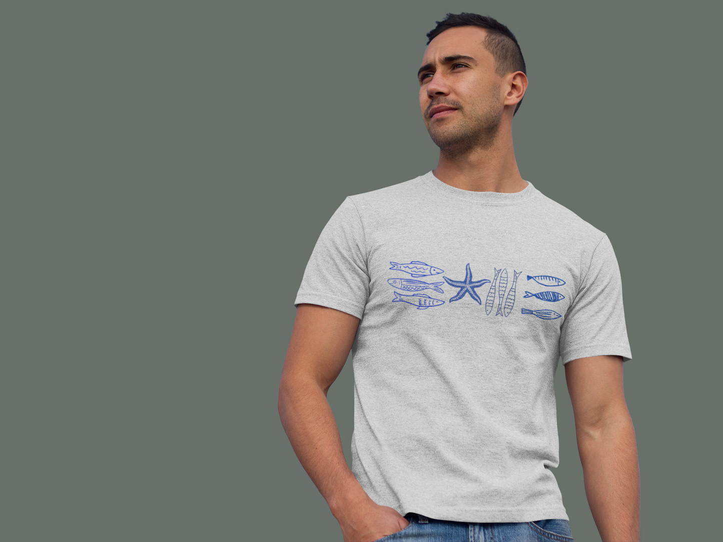 Coastal Sea Life Graphic T-Shirt, Blue Fish and Starfish Tee, Ocean Inspired Beach Shirt, Nautical Marine Life Tee, Coastal Summer Top