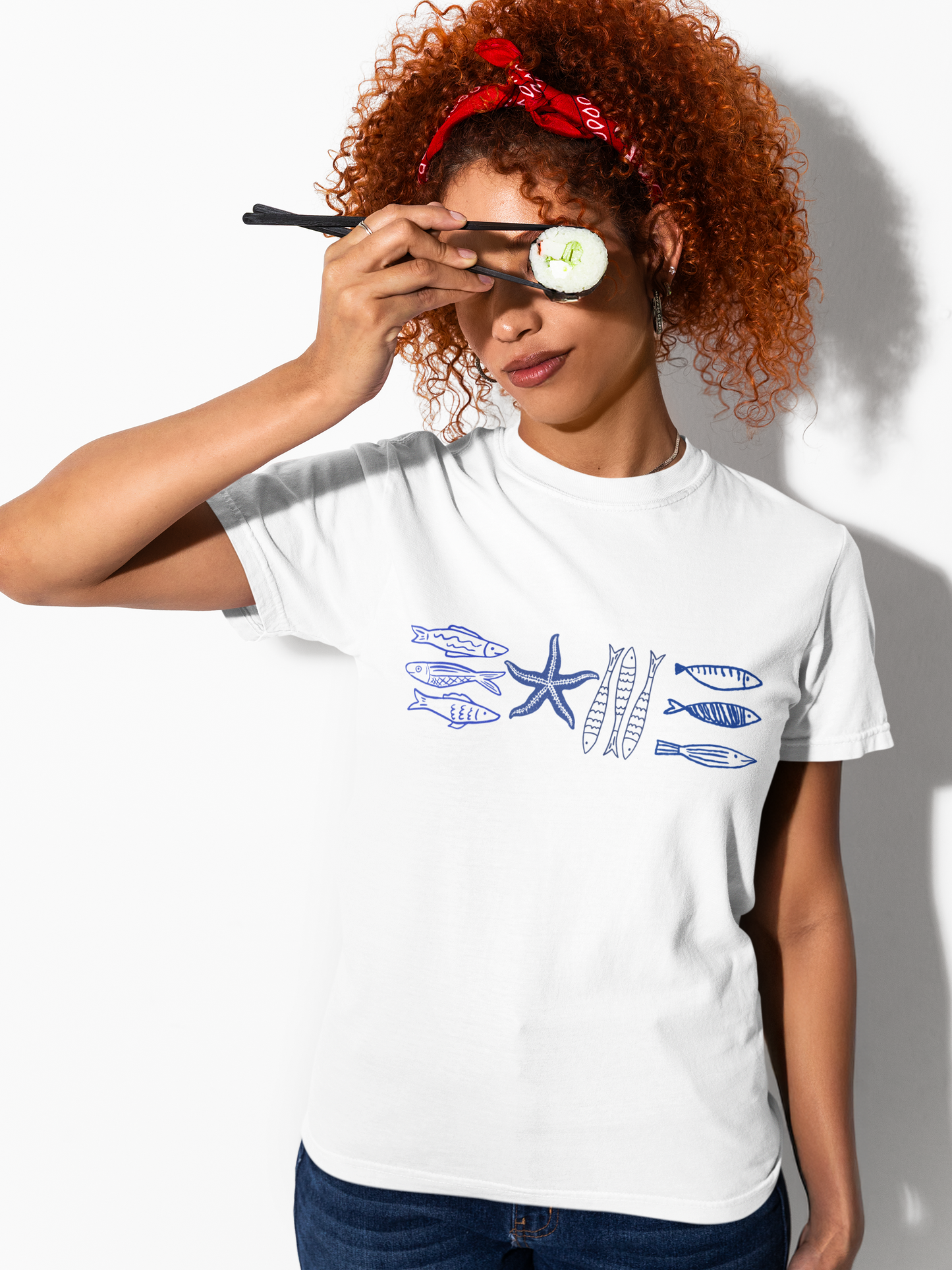 Coastal Sea Life Graphic T-Shirt, Blue Fish and Starfish Tee, Ocean Inspired Beach Shirt, Nautical Marine Life Tee, Coastal Summer Top