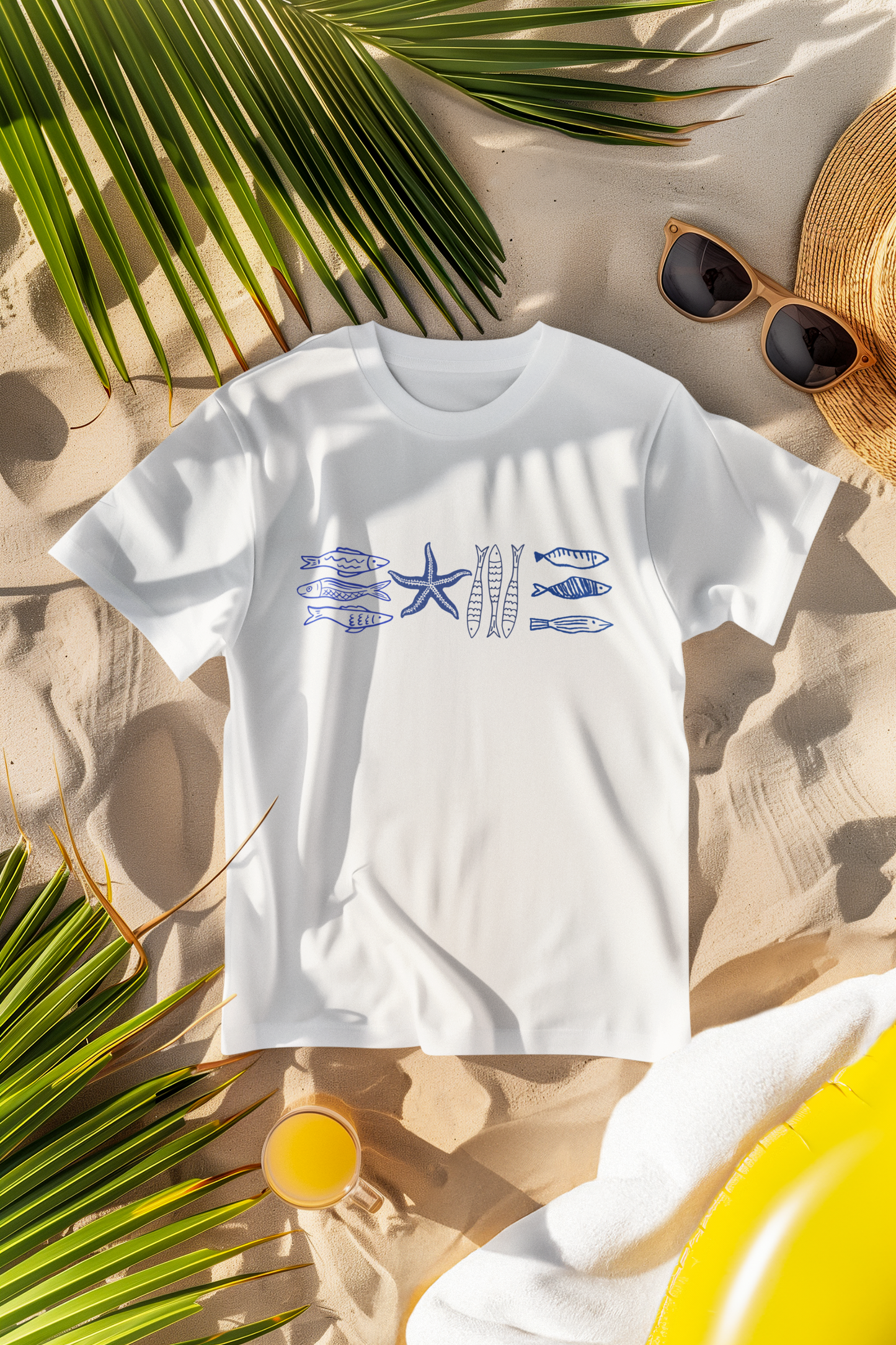 Coastal Sea Life Graphic T-Shirt, Blue Fish and Starfish Tee, Ocean Inspired Beach Shirt, Nautical Marine Life Tee, Coastal Summer Top