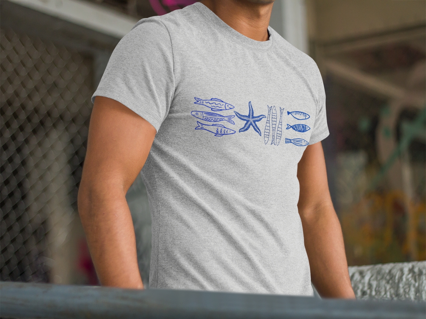 Coastal Sea Life Graphic T-Shirt, Blue Fish and Starfish Tee, Ocean Inspired Beach Shirt, Nautical Marine Life Tee, Coastal Summer Top