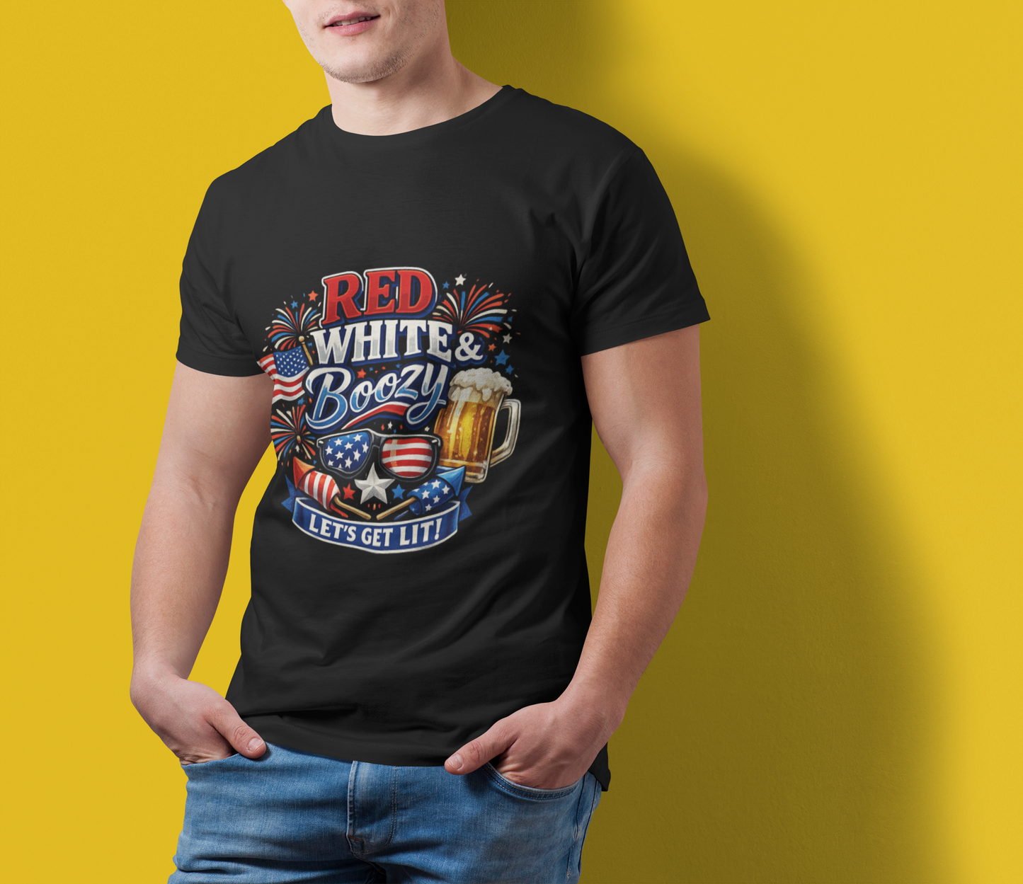 Red White & Boozy T-Shirt | Funny 4th of July Beer Shirt | Patriotic Drinking Tee | Let's Get Lit Independence Day Graphic