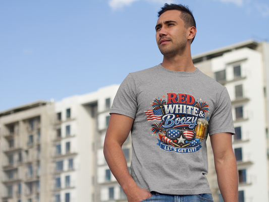 Red White & Boozy T-Shirt | Funny 4th of July Beer Shirt | Patriotic Drinking Tee | Let's Get Lit Independence Day Graphic