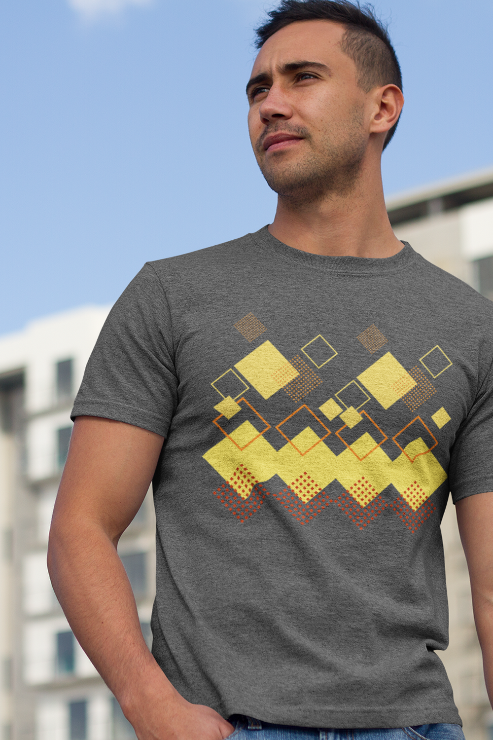 Geometric Diamond Pattern T-Shirt, Retro Pixel Art Tee, Golden Crown Graphic Shirt, Abstract Squares Design, Unisex Minimalist Black Tee