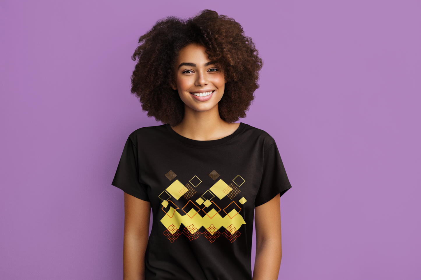 Geometric Diamond Pattern T-Shirt, Retro Pixel Art Tee, Golden Crown Graphic Shirt, Abstract Squares Design, Unisex Minimalist Black Tee