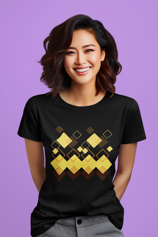 Geometric Diamond Pattern T-Shirt, Retro Pixel Art Tee, Golden Crown Graphic Shirt, Abstract Squares Design, Unisex Minimalist Black Tee