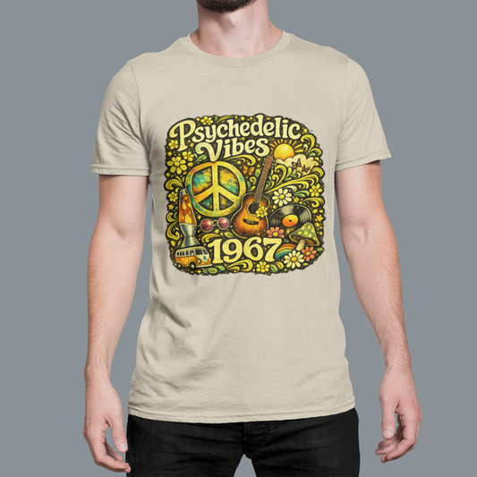 Psychedelic Vibes 1967 T-Shirt | Retro Hippie Guitar Tee | Peace Sign Flower Power Shirt