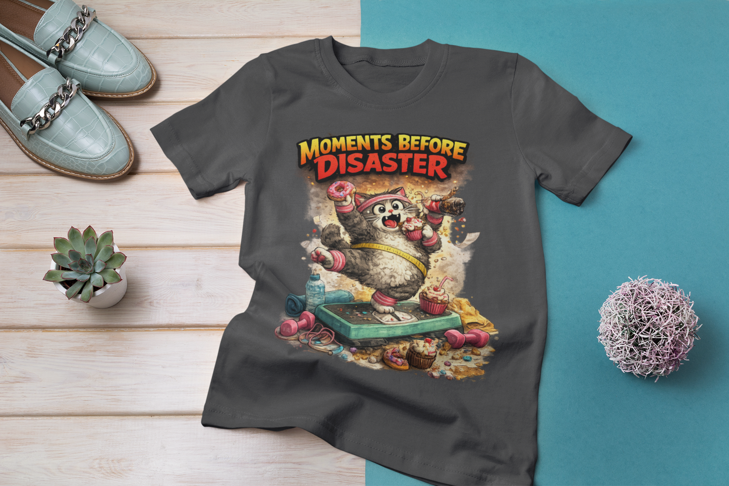 Moments Before Disaster T-Shirt | Funny Cartoon Cat Chaos Tee | Humorous Graphic Shirt