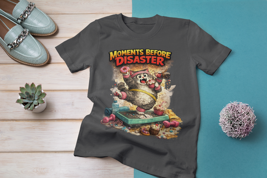 Moments Before Disaster T-Shirt | Funny Cartoon Cat Chaos Tee | Humorous Graphic Shirt