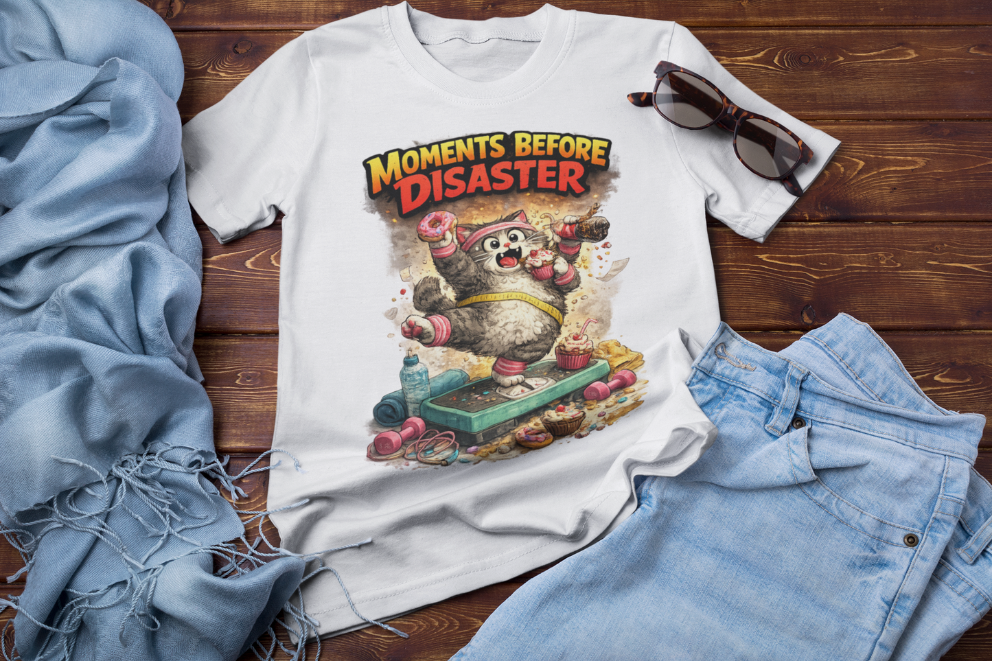 Moments Before Disaster T-Shirt | Funny Cartoon Cat Chaos Tee | Humorous Graphic Shirt