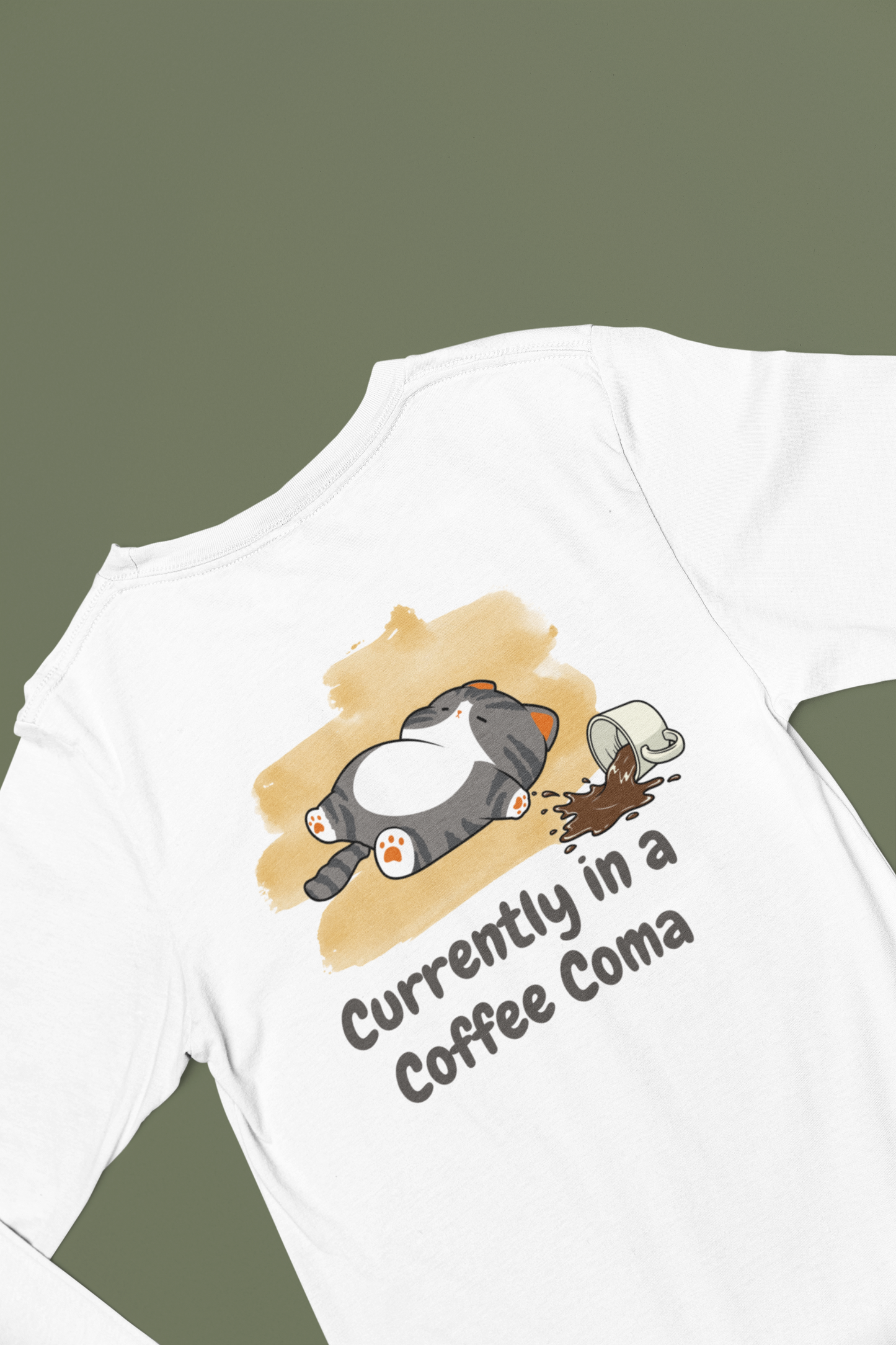 Currently in a Coffee Coma Long Sleeve Shirt | Funny Coffee Lover Cat Tee