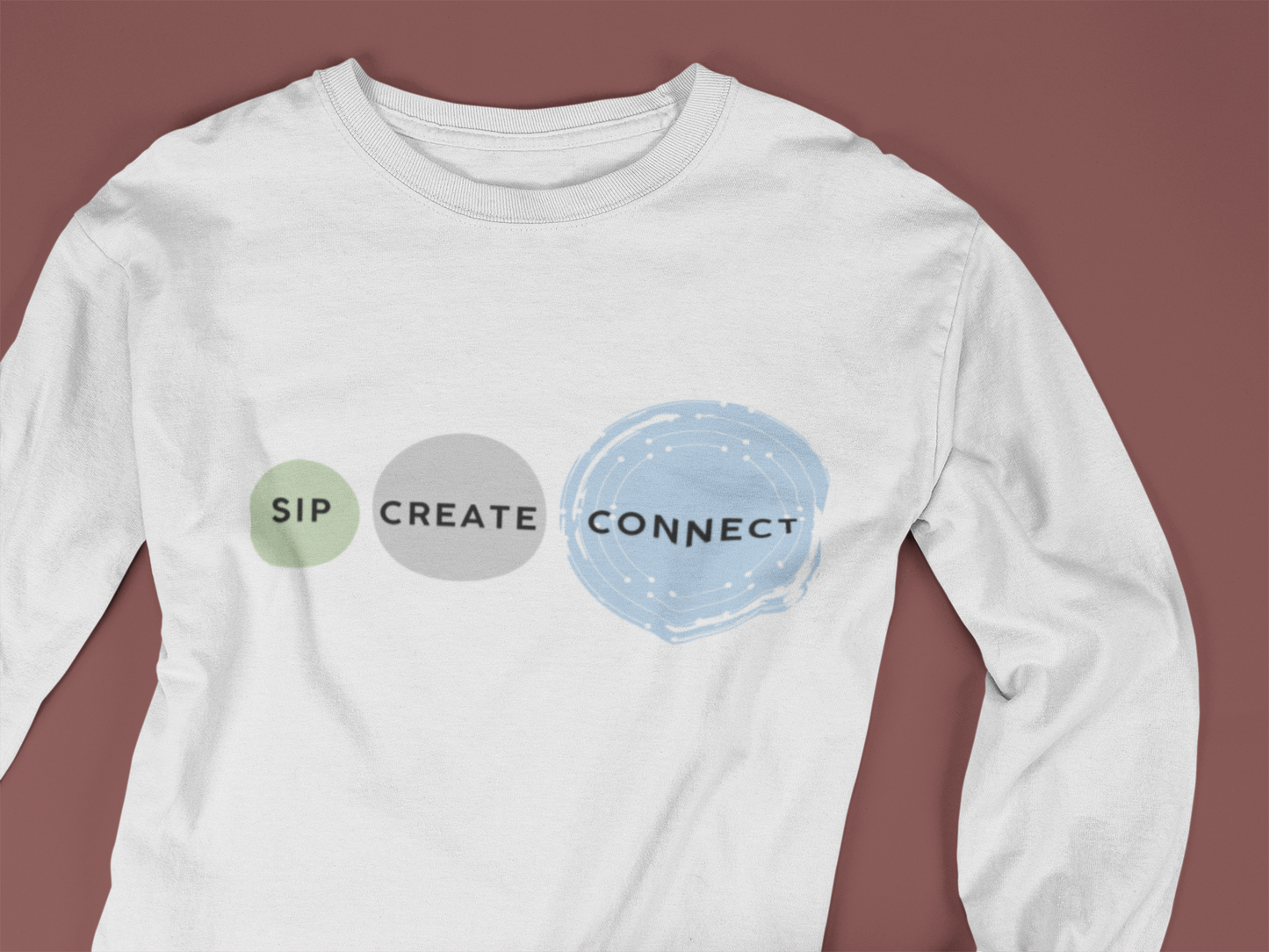Sip Create Connect Long Sleeve Tee | Coffee and Creativity Graphic
