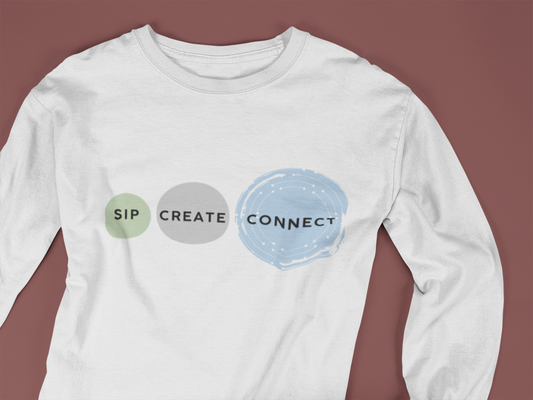 Sip Create Connect Long Sleeve Tee | Coffee and Creativity Graphic
