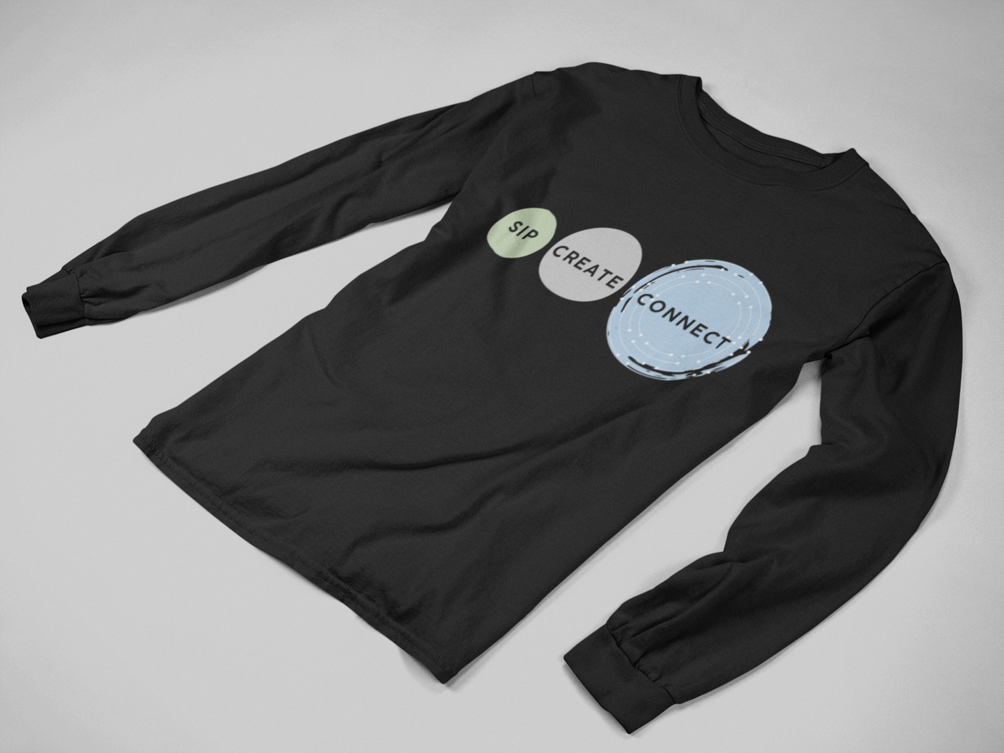 Sip Create Connect Long Sleeve Tee | Coffee and Creativity Graphic