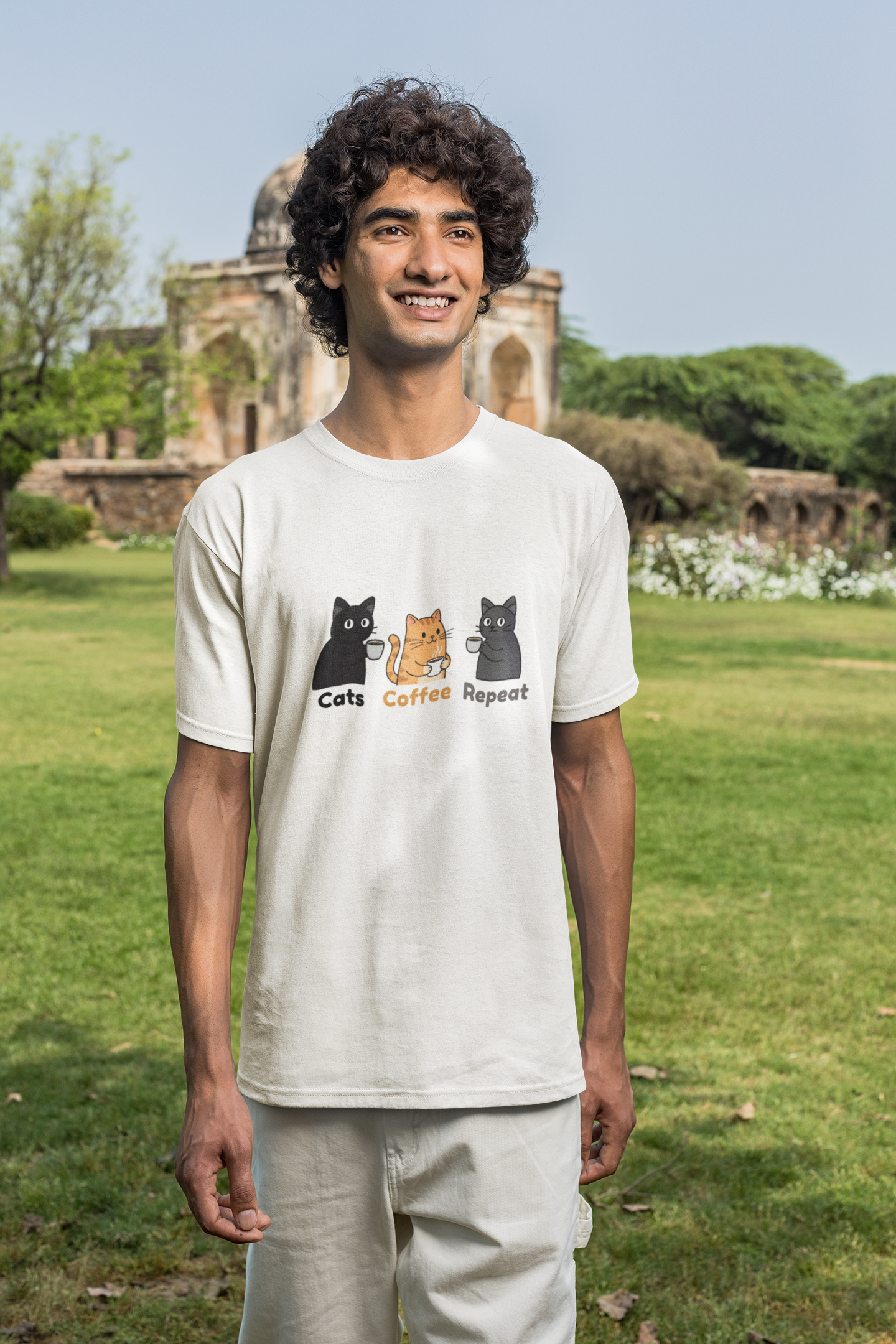 Cats Coffee Repeat T-Shirt | Cute Cat Coffee Graphic Unisex Tee
