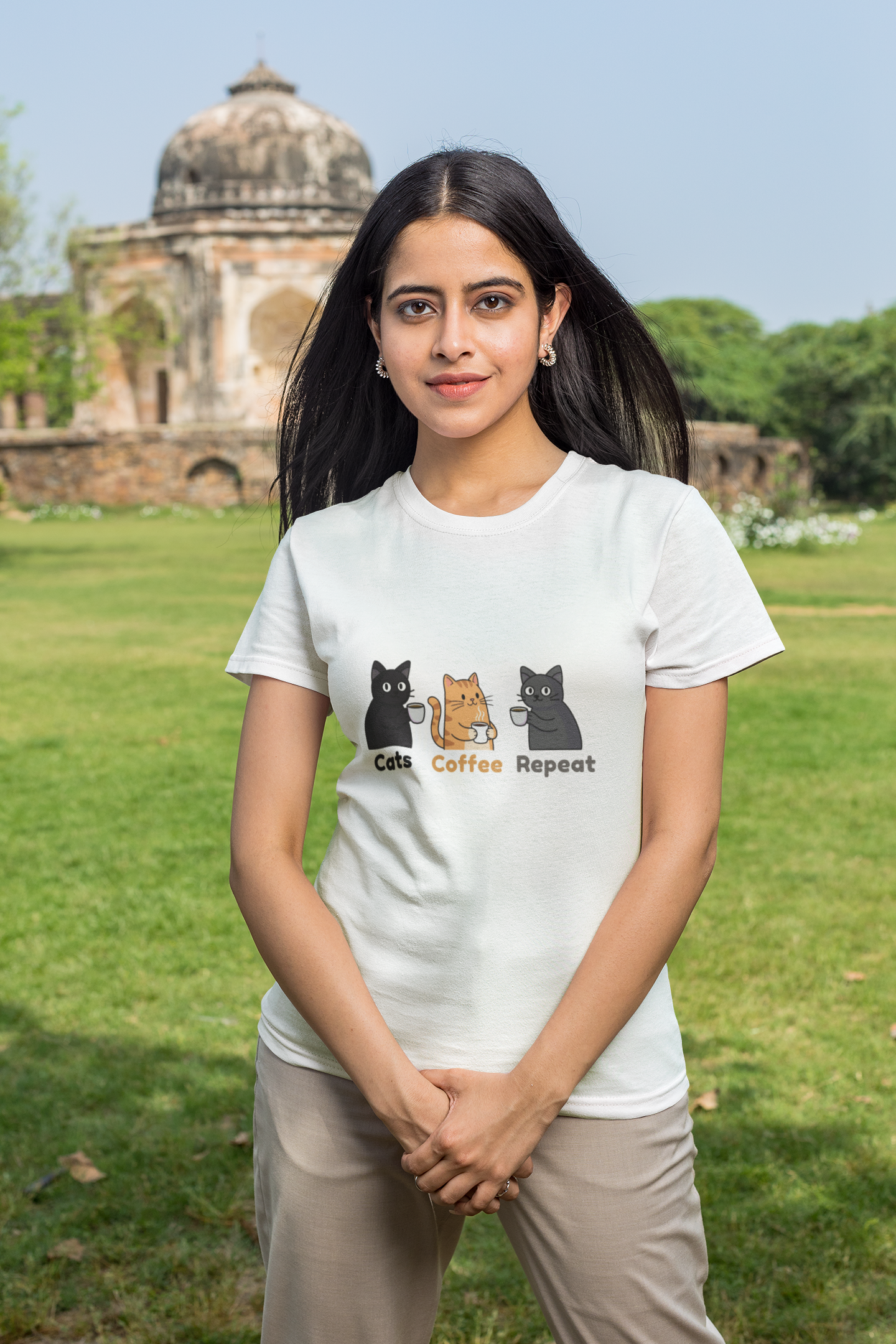 Cats Coffee Repeat T-Shirt | Cute Cat Coffee Graphic Unisex Tee