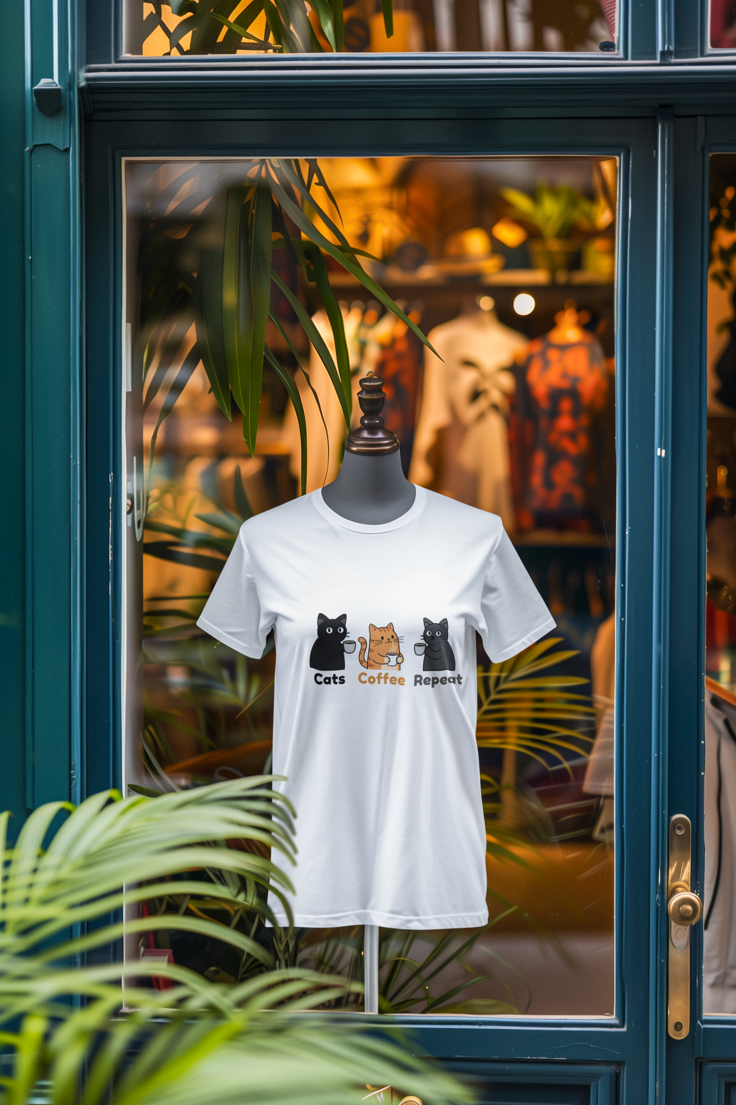 Cats Coffee Repeat T-Shirt | Cute Cat Coffee Graphic Unisex Tee