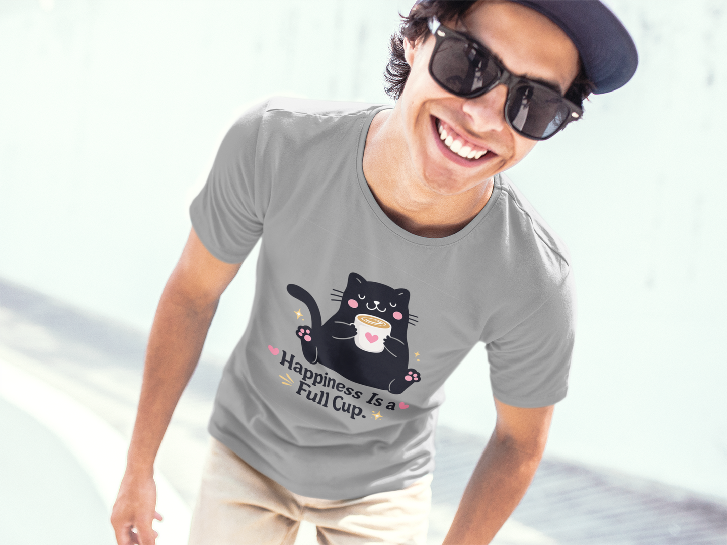 Happiness Is a Full Cup Cat T-Shirt | Cute Coffee Lover Tee, Funny Black Cat Graphic Shirt, Cozy Cat Mom Gift, Unisex Coffee Lover Tee
