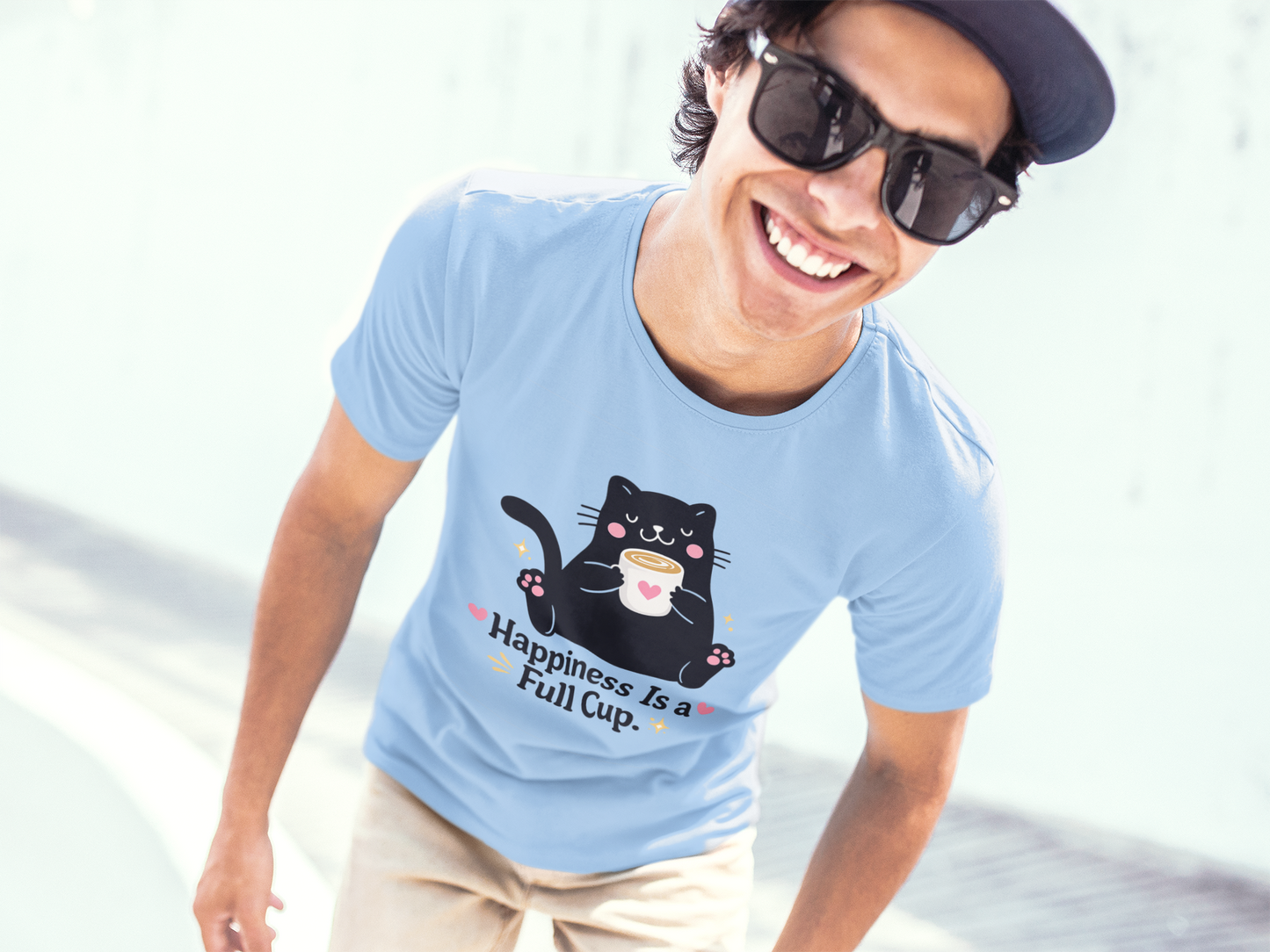 Happiness Is a Full Cup Cat T-Shirt | Cute Coffee Lover Tee, Funny Black Cat Graphic Shirt, Cozy Cat Mom Gift, Unisex Coffee Lover Tee