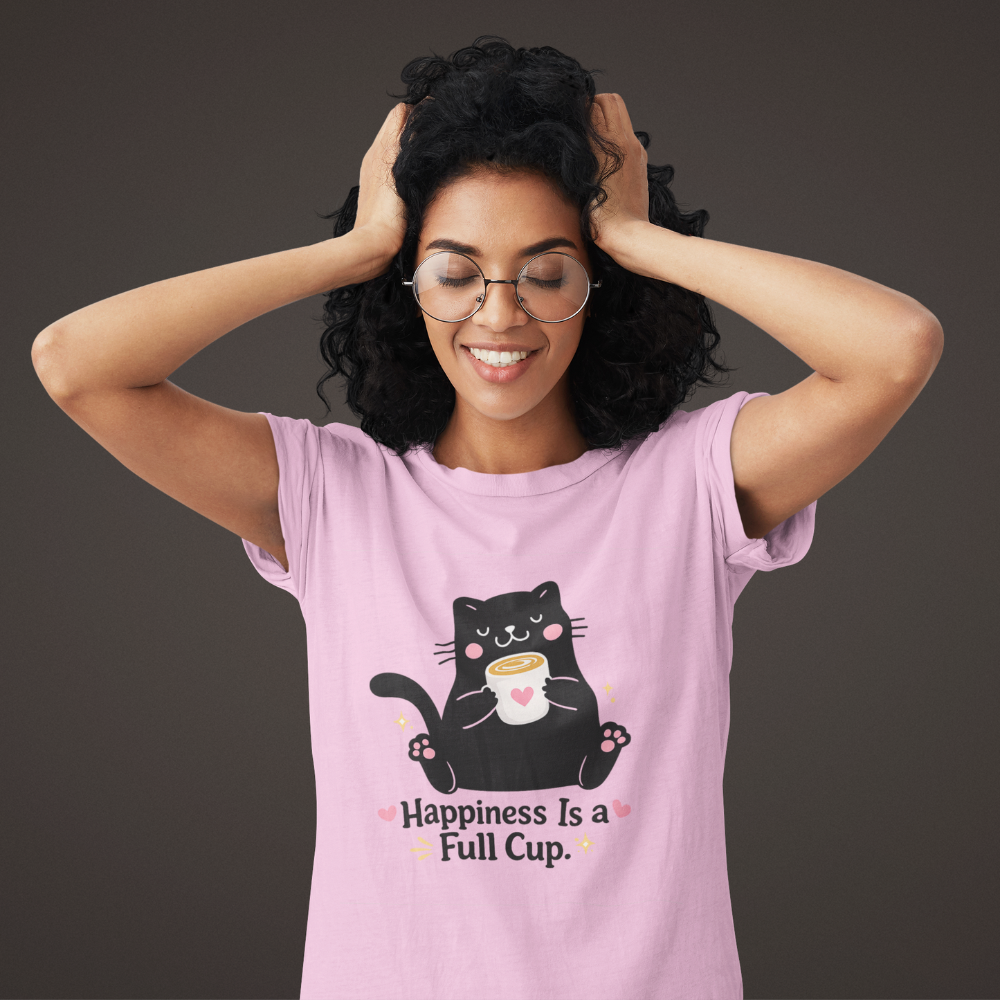 Happiness Is a Full Cup Cat T-Shirt | Cute Coffee Lover Tee, Funny Black Cat Graphic Shirt, Cozy Cat Mom Gift, Unisex Coffee Lover Tee