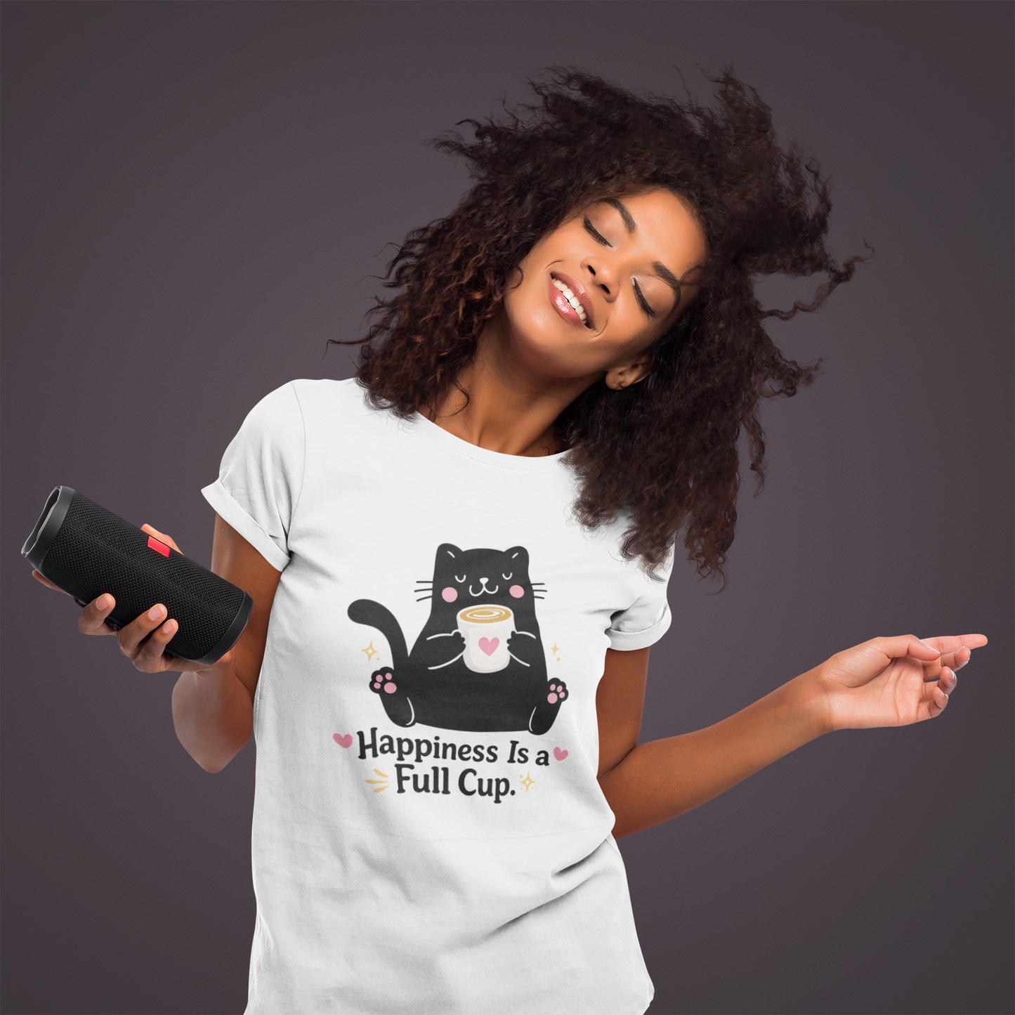 Happiness Is a Full Cup Cat T-Shirt | Cute Coffee Lover Tee, Funny Black Cat Graphic Shirt, Cozy Cat Mom Gift, Unisex Coffee Lover Tee