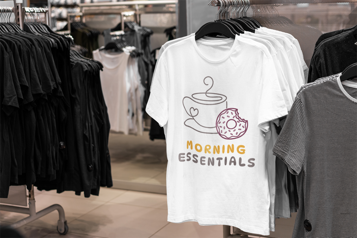 Morning Essentials T-Shirt | Coffee & Donut Graphic Tee, Cute Breakfast Lover Shirt, Cozy Coffee Lover Gift, Minimalist Unisex Tee