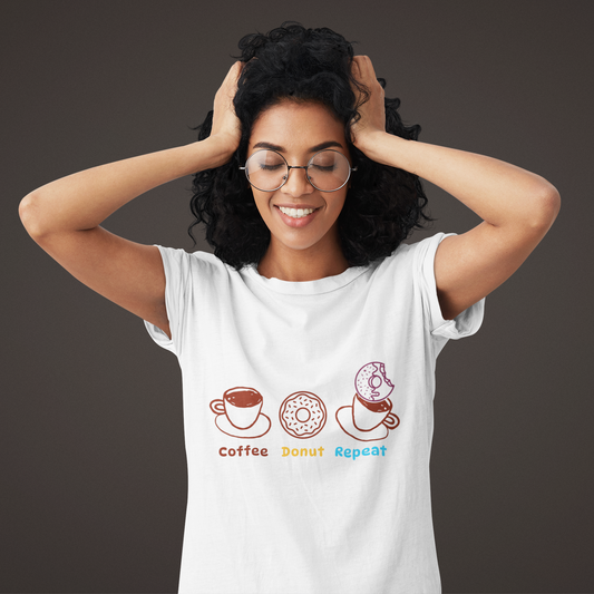 Coffee Donut Repeat T-Shirt | Cute Coffee & Donut Graphic Tee, Minimalist Breakfast Lover Shirt, Cozy Café Unisex Tee