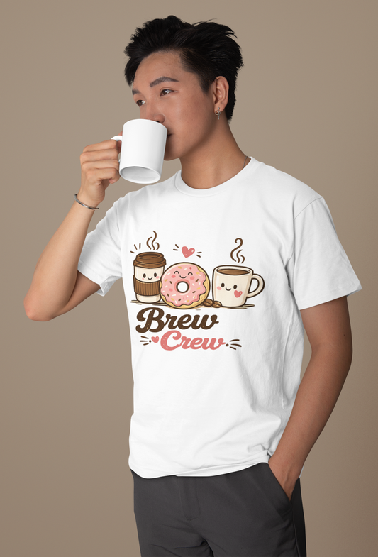 Brew Crew Coffee Donut T-Shirt, Cute Coffee Lover Tee, Breakfast Graphic Shirt, Cafe Aesthetic Gift, Unisex Heavy Cotton Gildan 5000 Tee