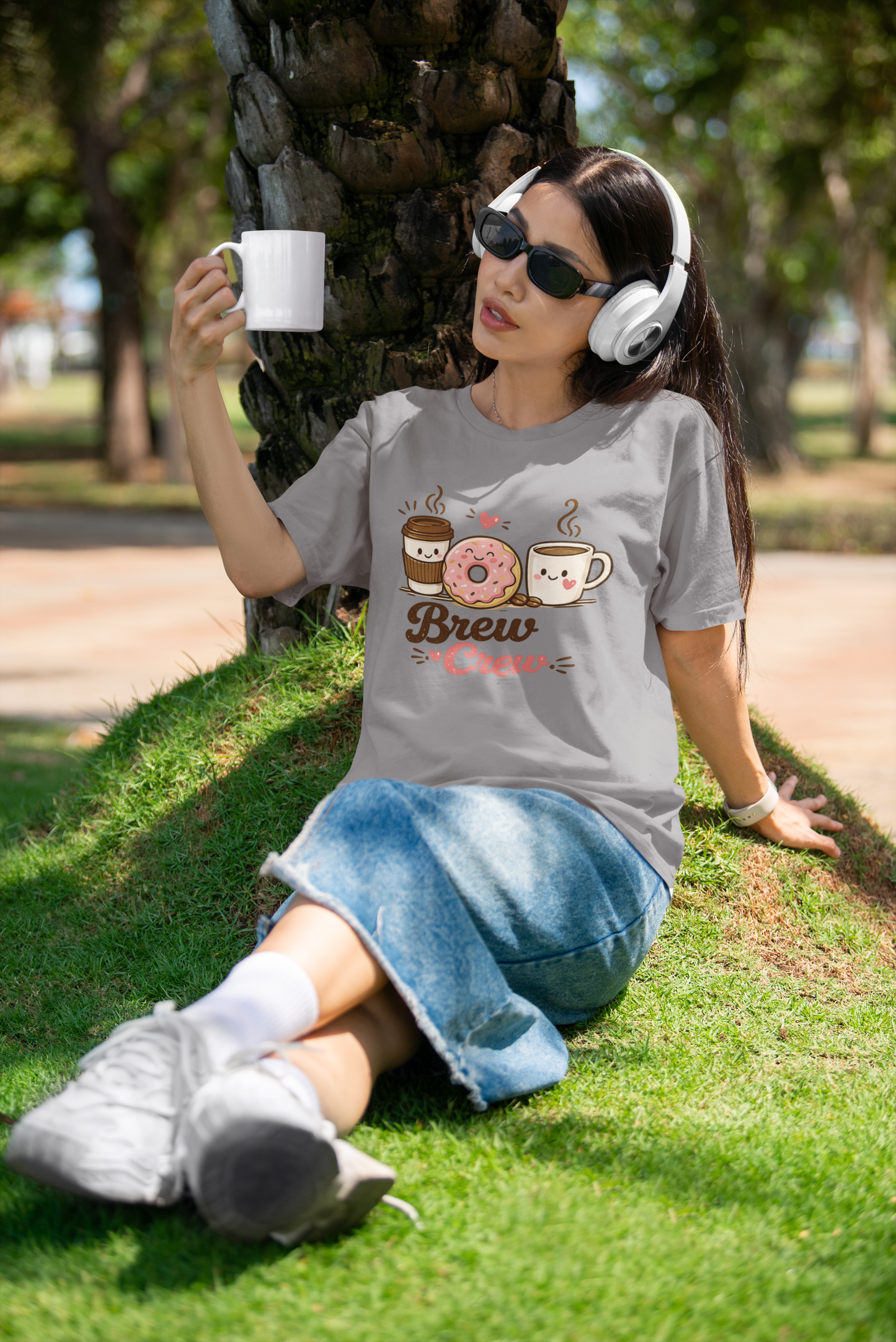 Brew Crew Coffee Donut T-Shirt, Cute Coffee Lover Tee, Breakfast Graphic Shirt, Cafe Aesthetic Gift, Unisex Heavy Cotton Gildan 5000 Tee