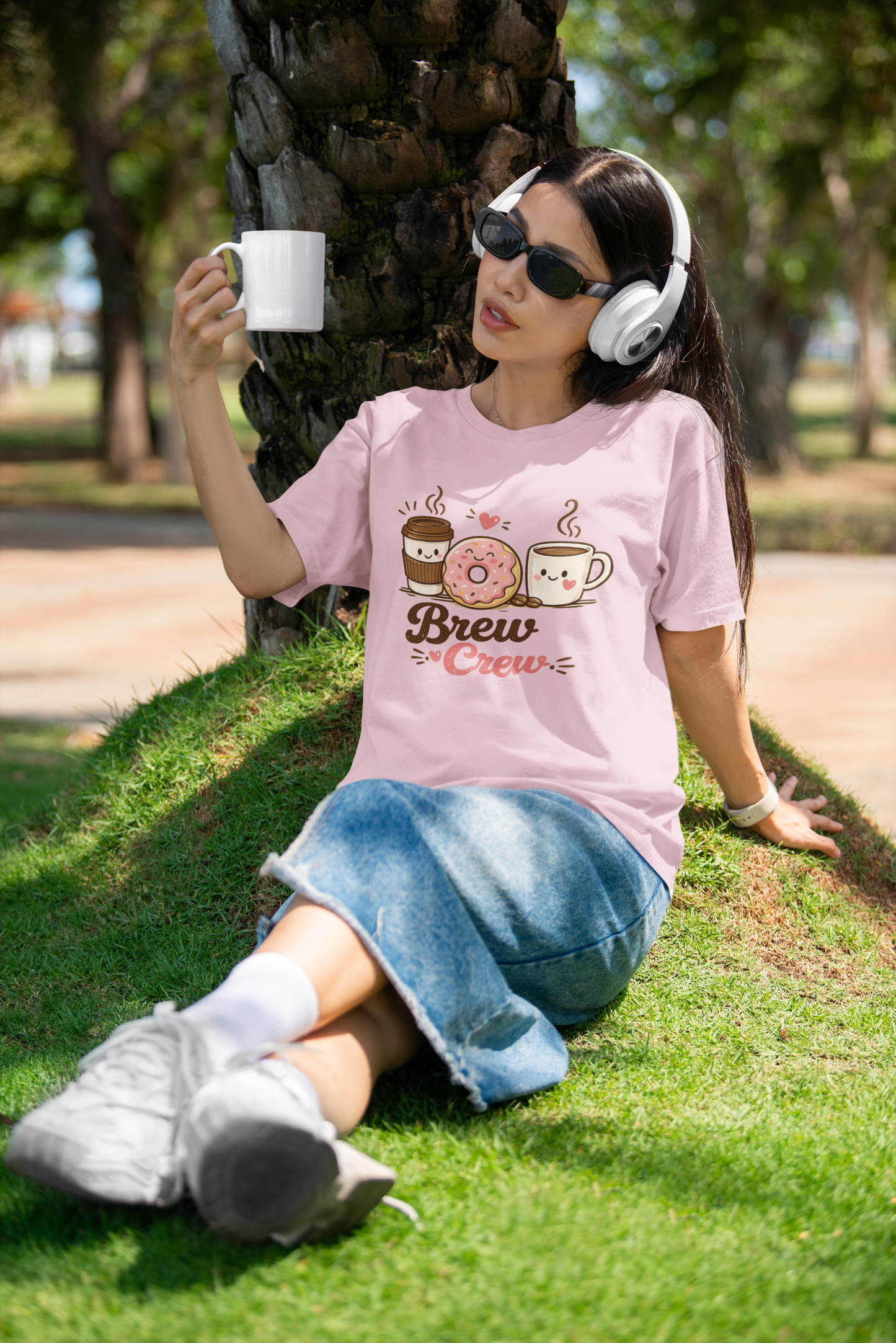 Brew Crew Coffee Donut T-Shirt, Cute Coffee Lover Tee, Breakfast Graphic Shirt, Cafe Aesthetic Gift, Unisex Heavy Cotton Gildan 5000 Tee