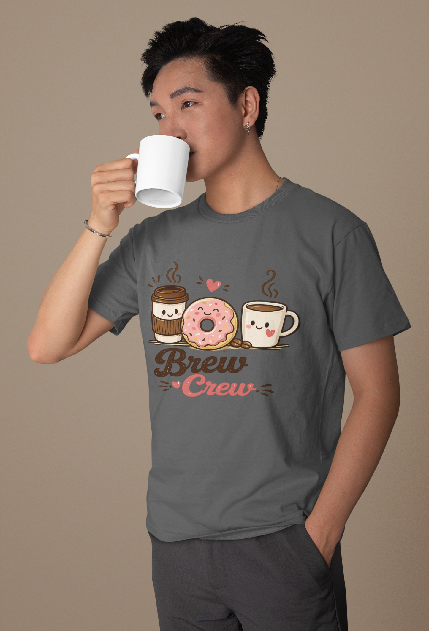 Brew Crew Coffee Donut T-Shirt, Cute Coffee Lover Tee, Breakfast Graphic Shirt, Cafe Aesthetic Gift, Unisex Heavy Cotton Gildan 5000 Tee