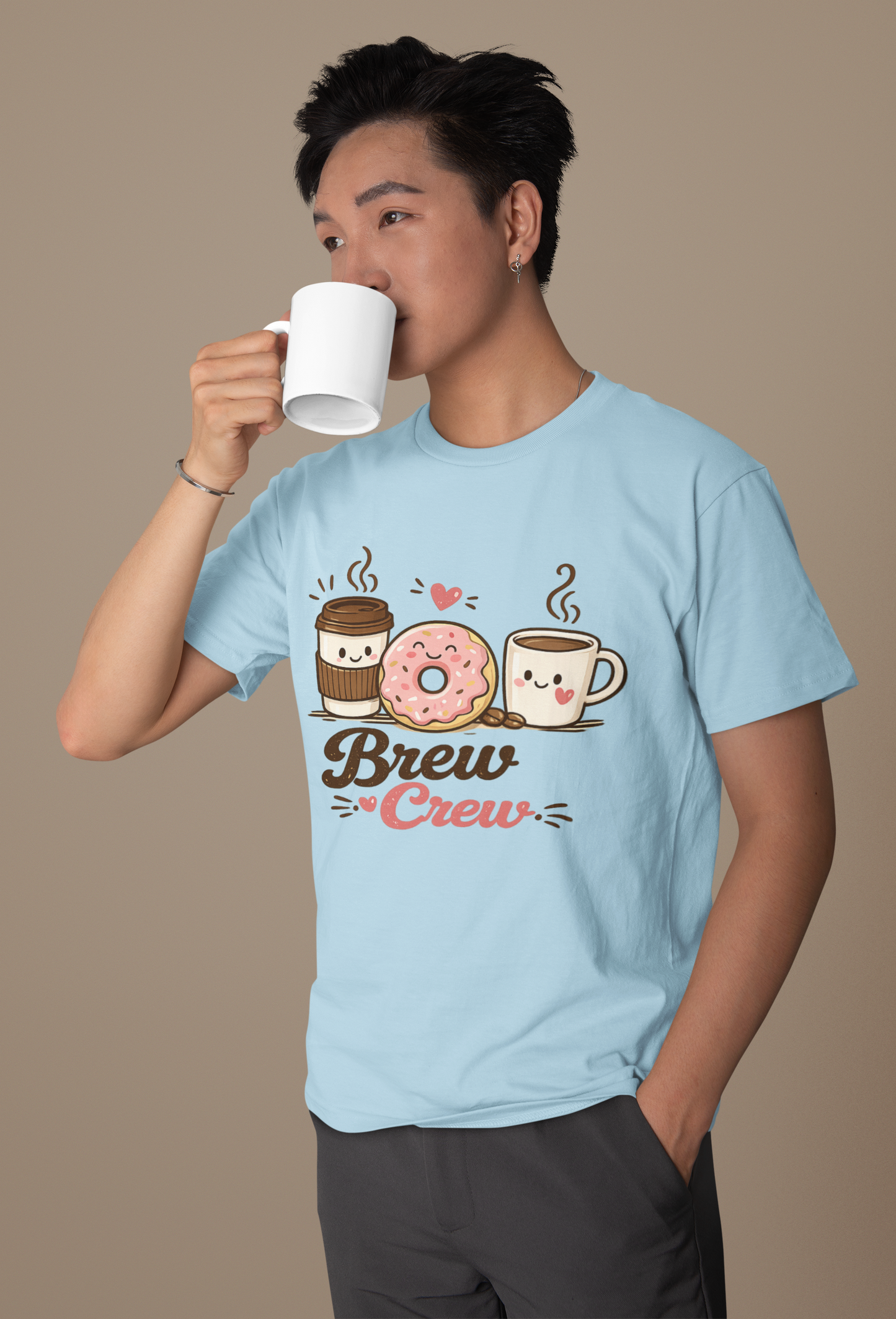 Brew Crew Coffee Donut T-Shirt, Cute Coffee Lover Tee, Breakfast Graphic Shirt, Cafe Aesthetic Gift, Unisex Heavy Cotton Gildan 5000 Tee