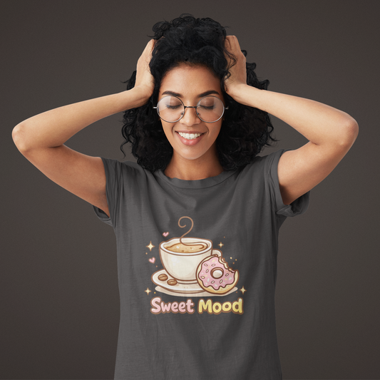 Sweet Mood Coffee Donut T-Shirt, Cute Coffee Lover Tee, Donut Graphic Shirt, Cafe Gift, Breakfast Lover Tee, Unisex Cotton Tee