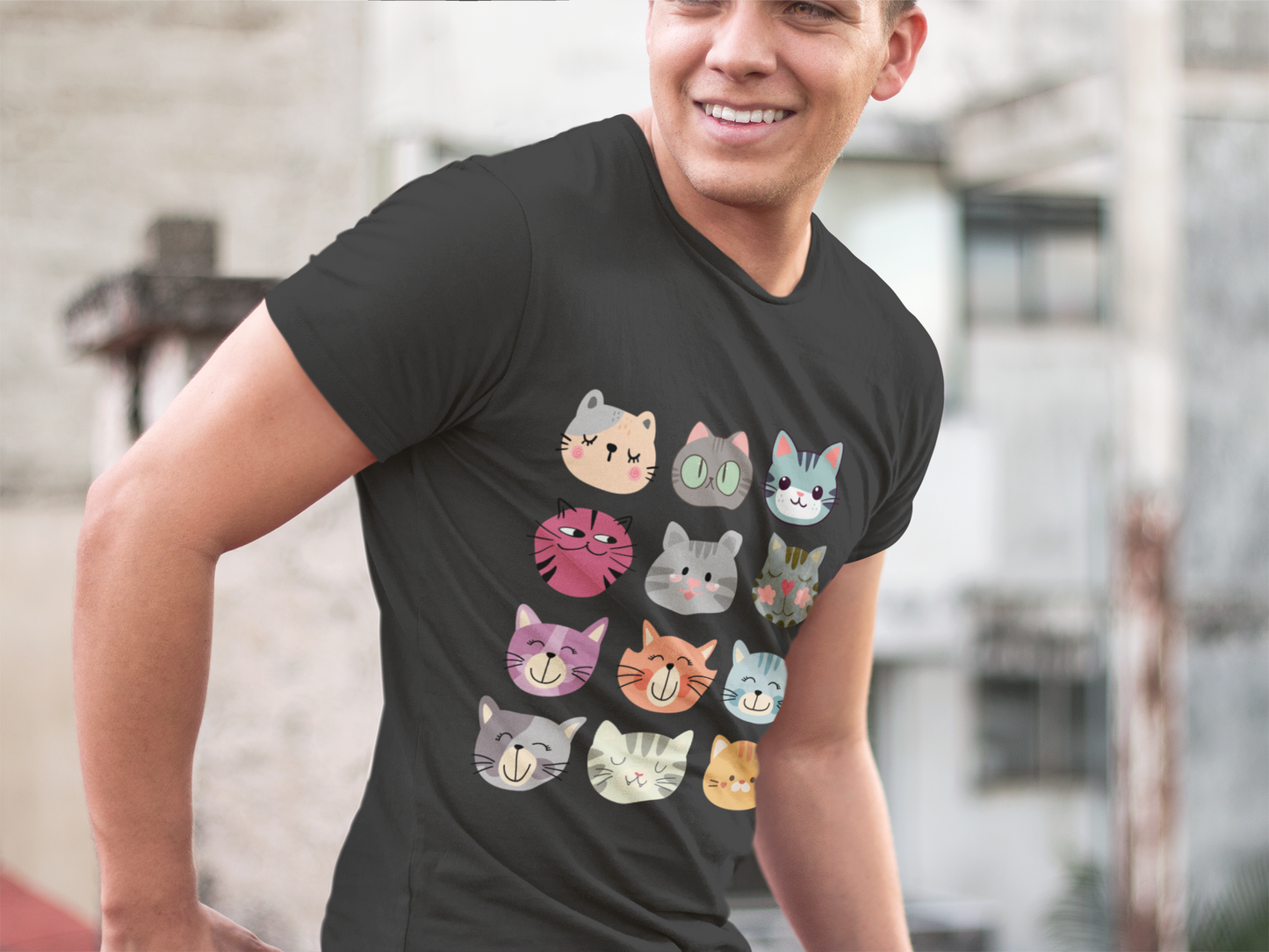 Cute Cat Faces T-Shirt, Cartoon Cat Lover Tee, Colorful Kitty Graphic Shirt, Funny Cat Mom Gift, Kawaii Cat Tee, Unisex Heavy Cotton Tee