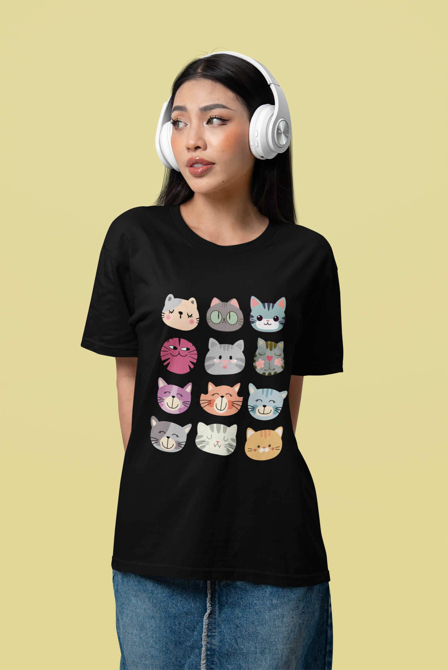 Cute Cat Faces T-Shirt, Cartoon Cat Lover Tee, Colorful Kitty Graphic Shirt, Funny Cat Mom Gift, Kawaii Cat Tee, Unisex Heavy Cotton Tee