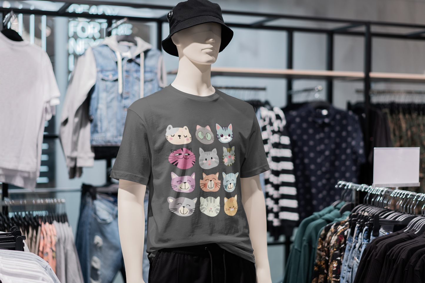 Cute Cat Faces T-Shirt, Cartoon Cat Lover Tee, Colorful Kitty Graphic Shirt, Funny Cat Mom Gift, Kawaii Cat Tee, Unisex Heavy Cotton Tee