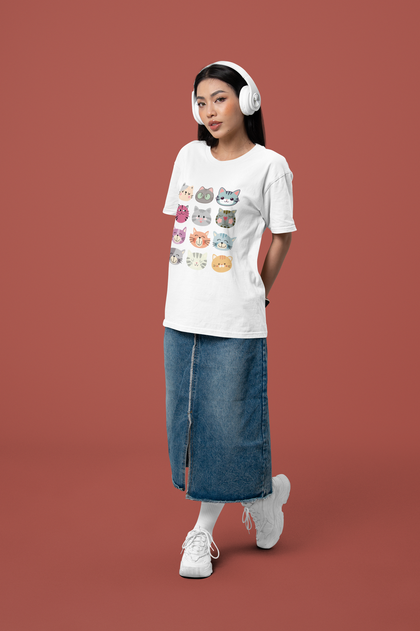 Cute Cat Faces T-Shirt, Cartoon Cat Lover Tee, Colorful Kitty Graphic Shirt, Funny Cat Mom Gift, Kawaii Cat Tee, Unisex Heavy Cotton Tee