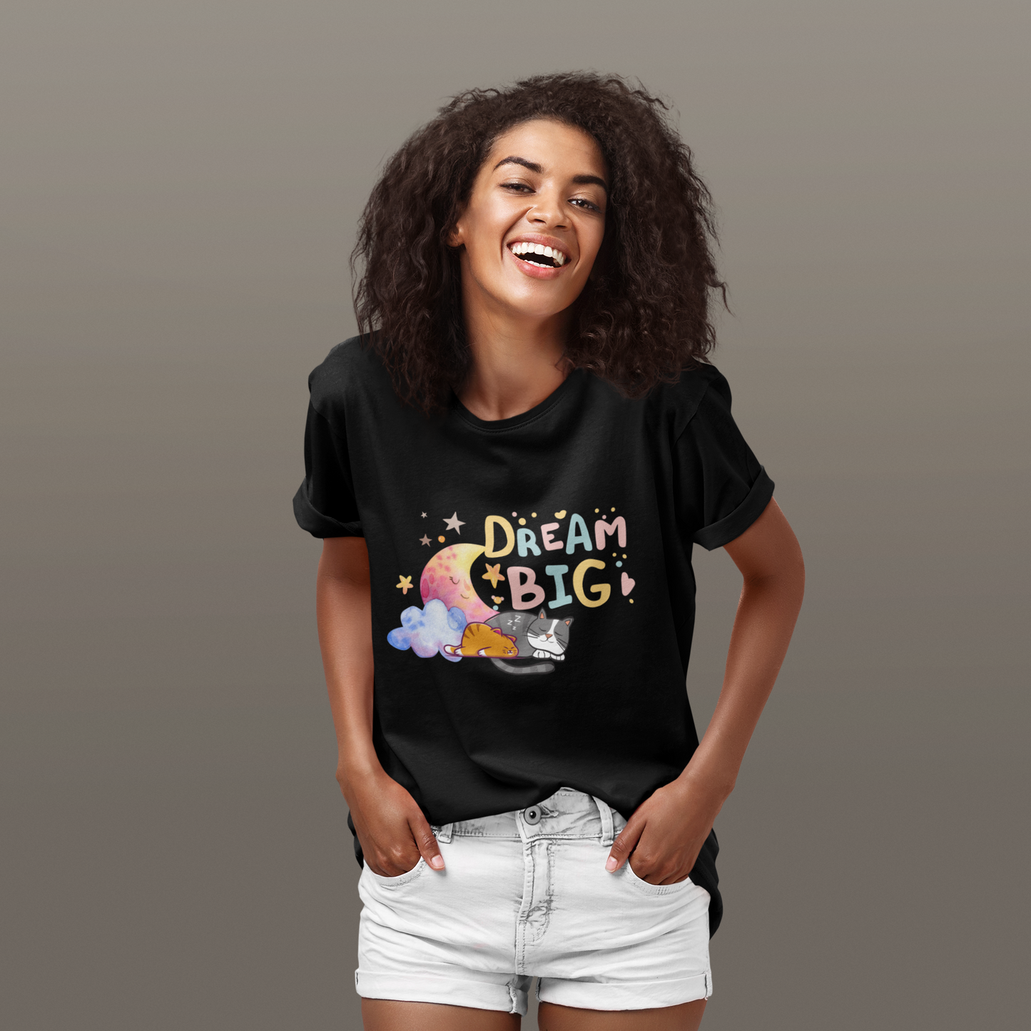 Dream Big Cat T-Shirt – Cute Sleeping Cat Graphic Tee, Pastel Moon & Cloud Shirt, Cozy Cat Lover Gift, Inspirational Animal Tee