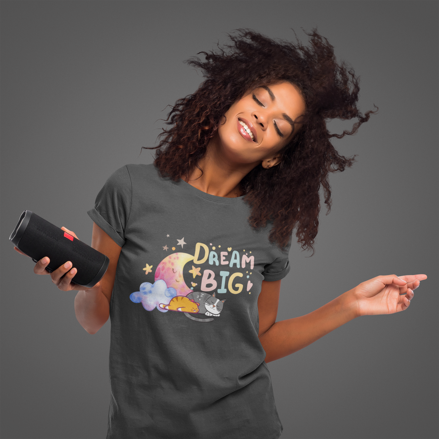 Dream Big Cat T-Shirt – Cute Sleeping Cat Graphic Tee, Pastel Moon & Cloud Shirt, Cozy Cat Lover Gift, Inspirational Animal Tee