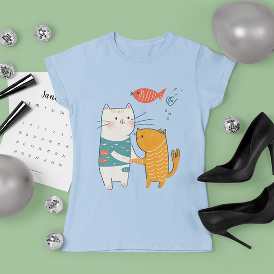 Cute Cat Friends T-Shirt, Whimsical Cat Graphic Tee, Cat Lover Gift