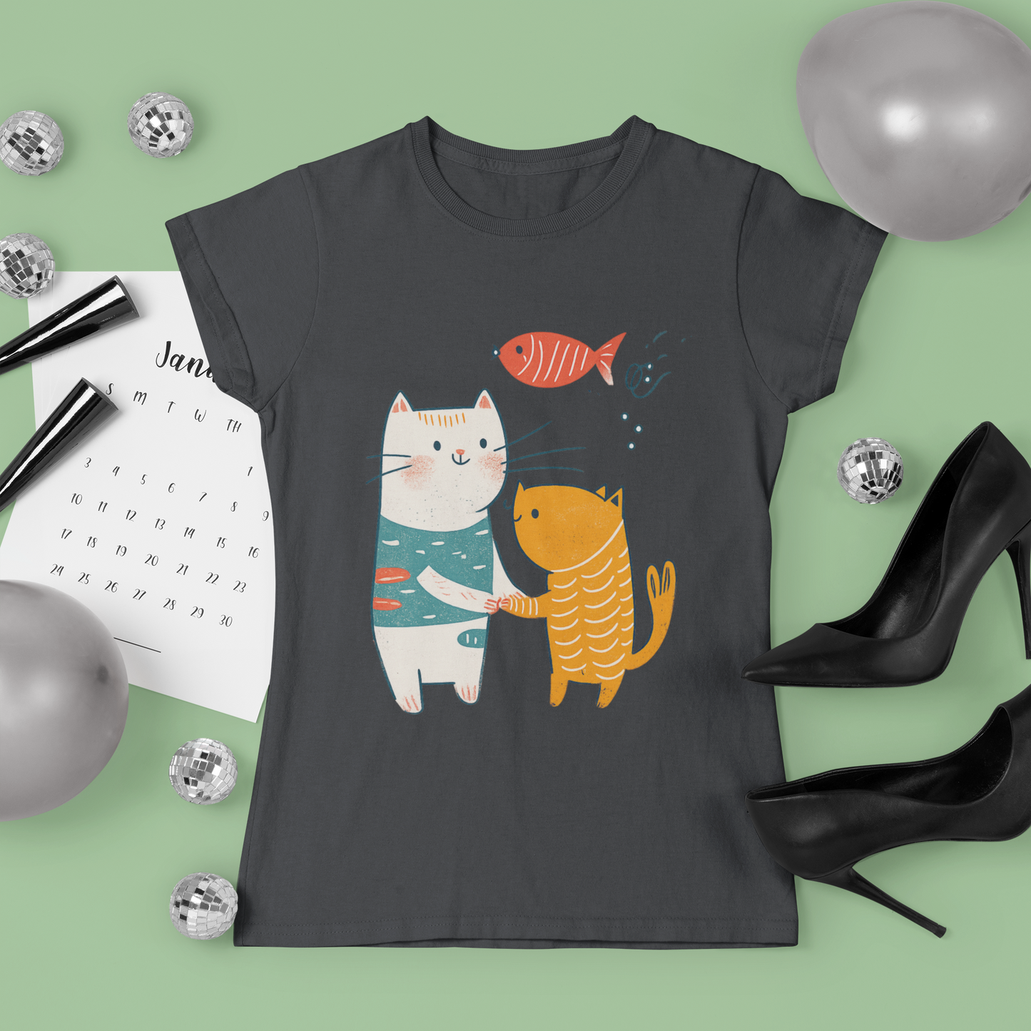 Cute Cat Friends T-Shirt, Whimsical Cat Graphic Tee, Cat Lover Gift
