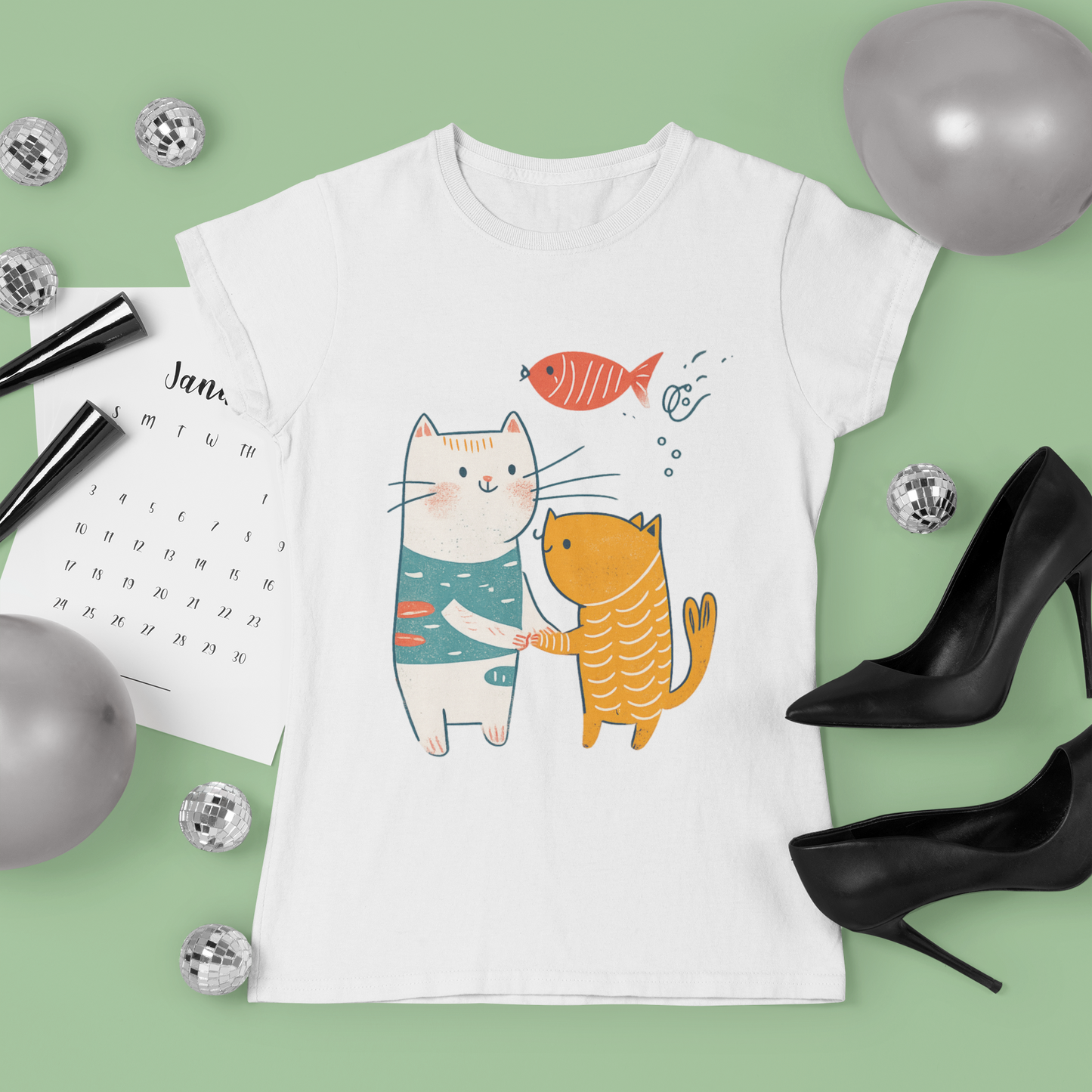 Cute Cat Friends T-Shirt, Whimsical Cat Graphic Tee, Cat Lover Gift