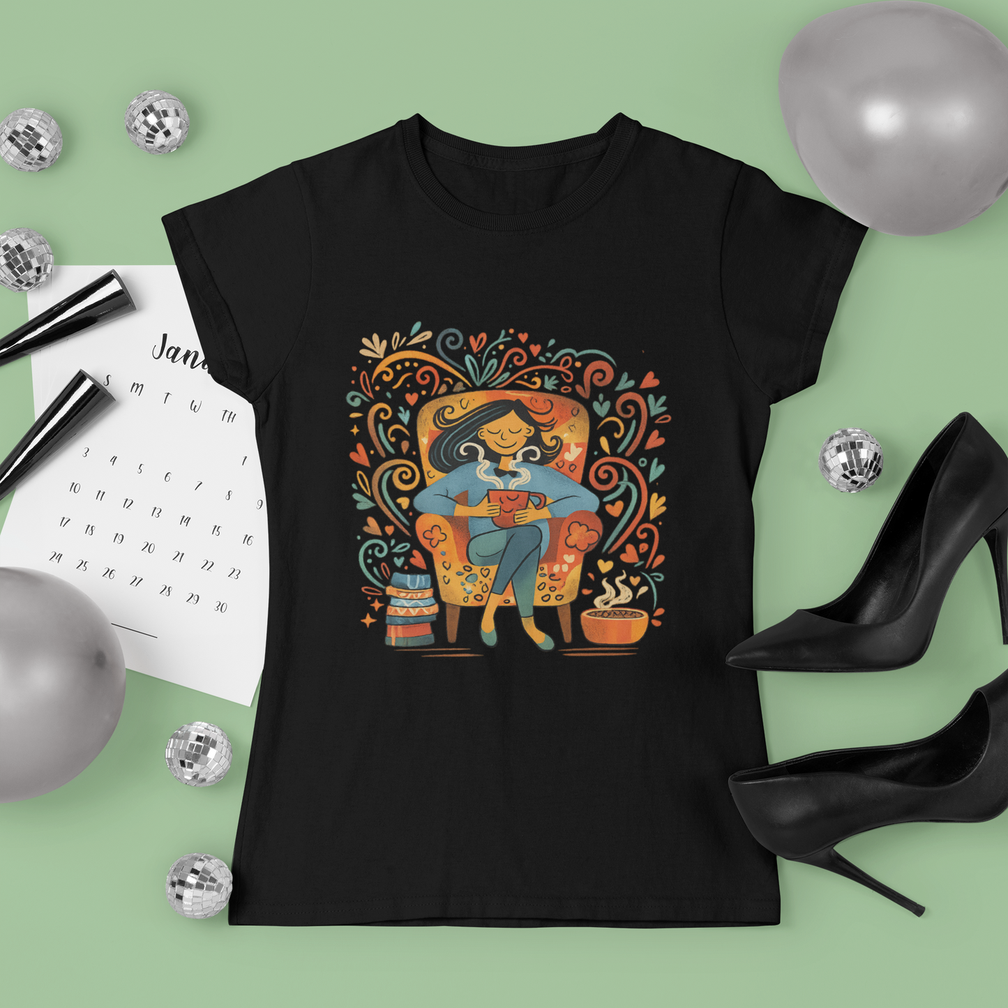 Graphic Tee — Cozy Reading Cat Lady Illustration