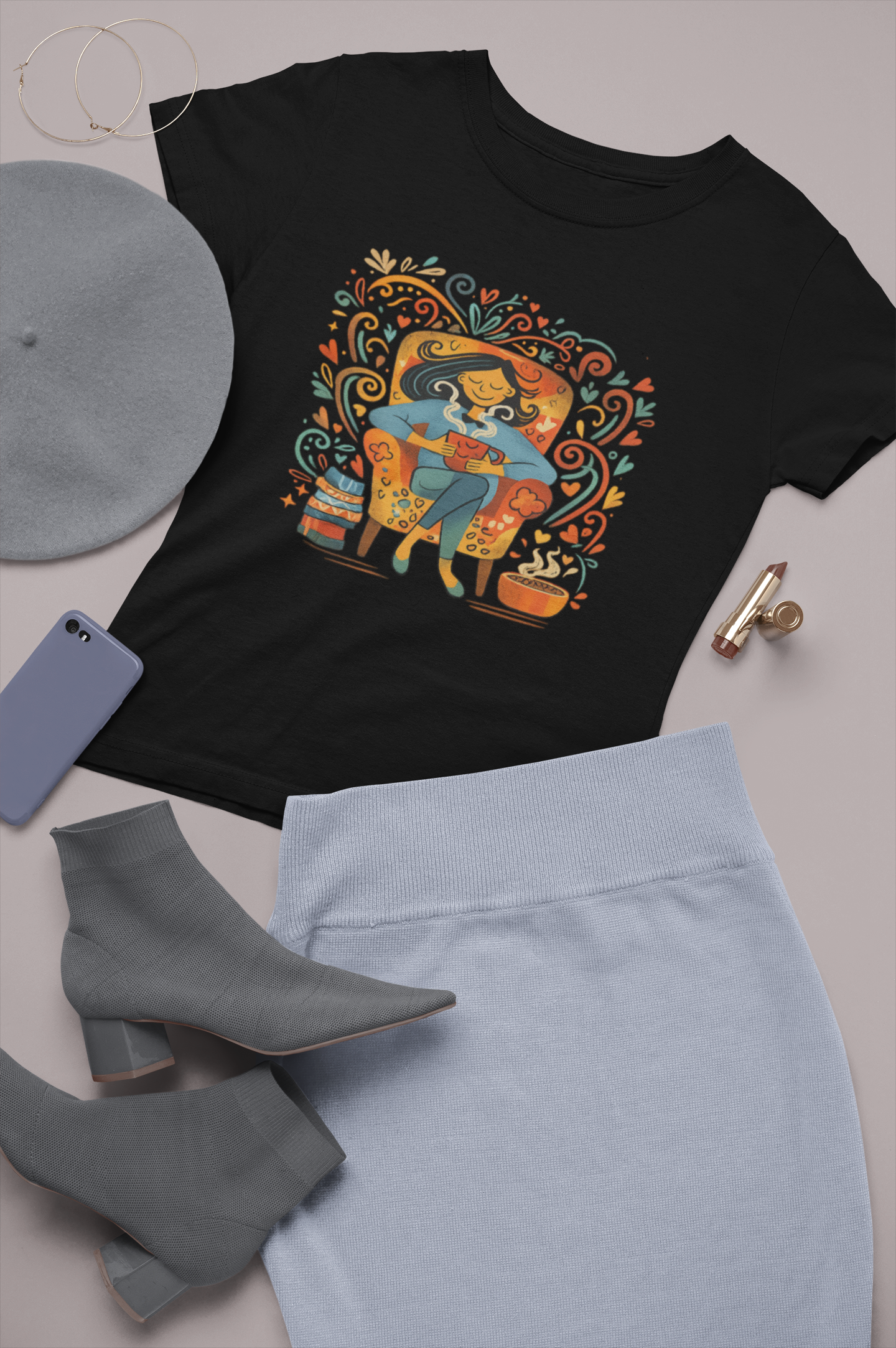 Graphic Tee — Cozy Reading Cat Lady Illustration