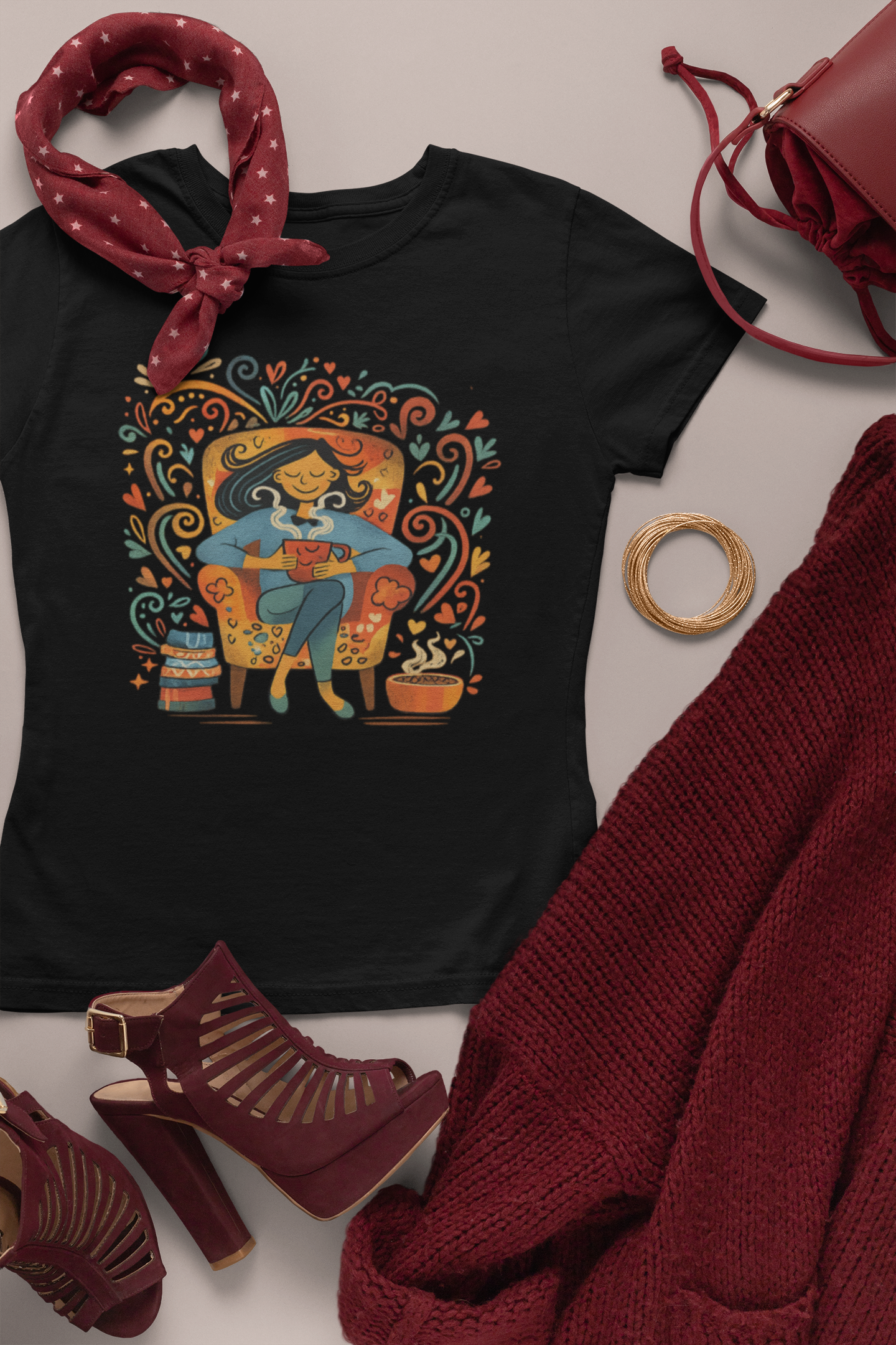 Graphic Tee — Cozy Reading Cat Lady Illustration