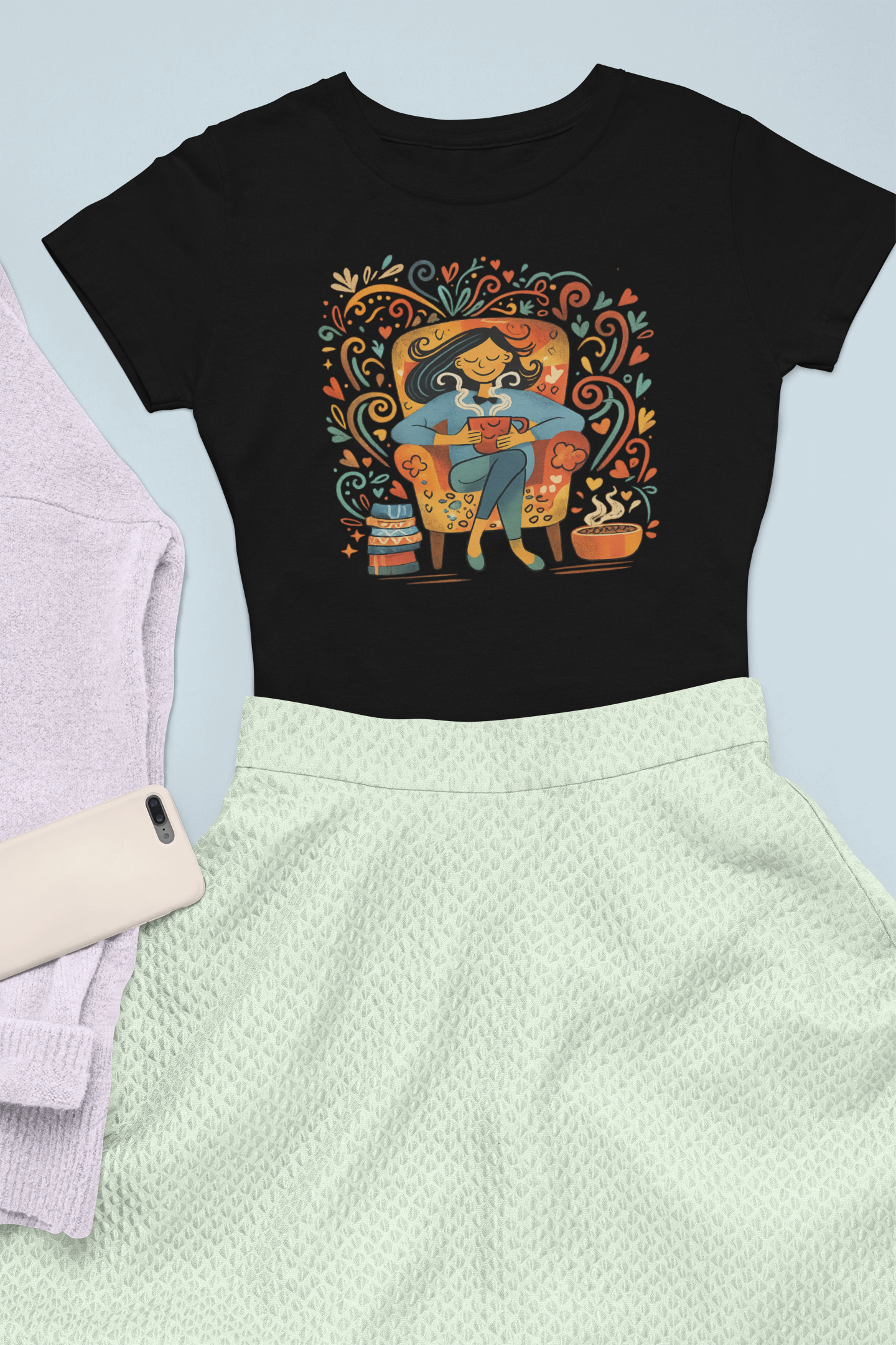 Graphic Tee — Cozy Reading Cat Lady Illustration
