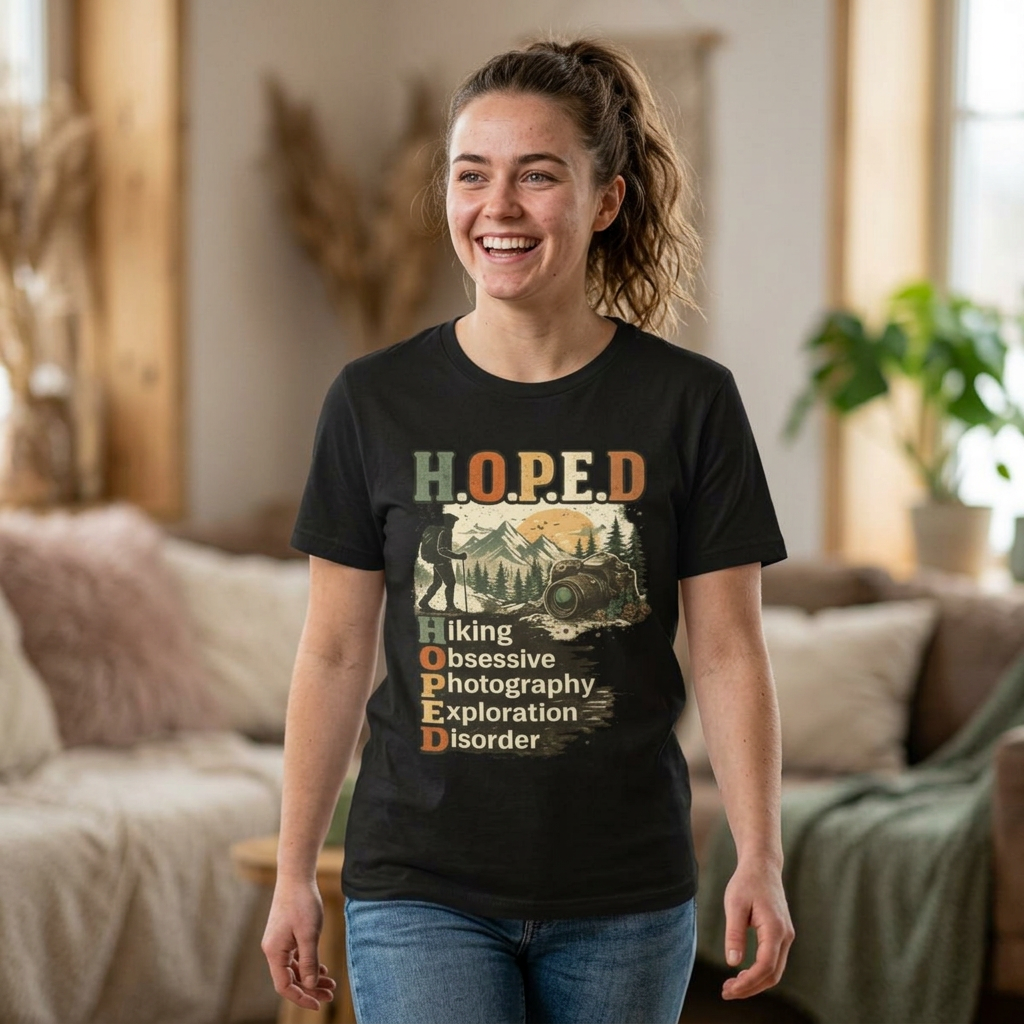 HOPED Hiking T‑Shirt — "Hiking Obsessive Photography Exploration Disorder" Outdoor Graphic Tee