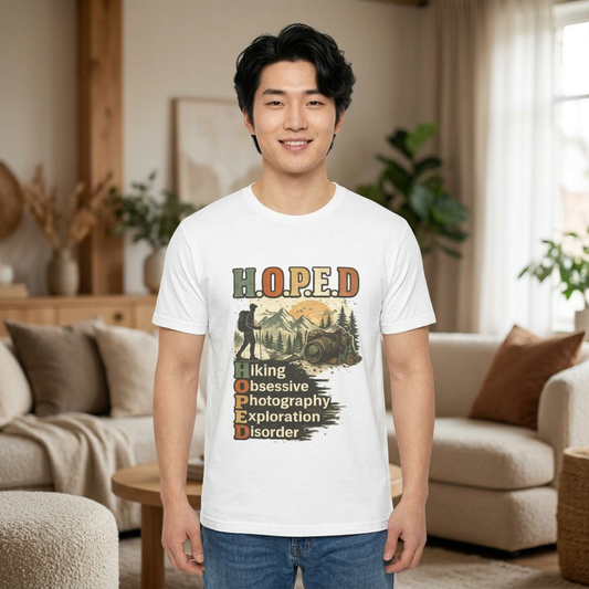 HOPED Hiking T‑Shirt — "Hiking Obsessive Photography Exploration Disorder" Outdoor Graphic Tee