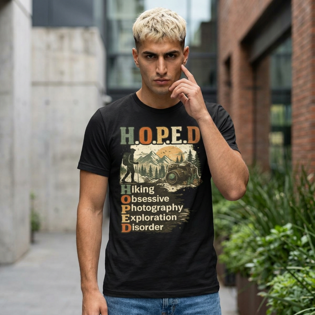 HOPED Hiking T‑Shirt — "Hiking Obsessive Photography Exploration Disorder" Outdoor Graphic Tee