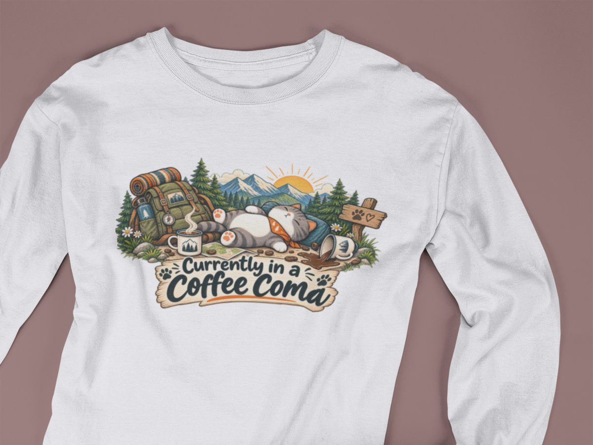 Currently in a Coffee Coma Long Sleeve Shirt | Funny Coffee Lover Cat Tee