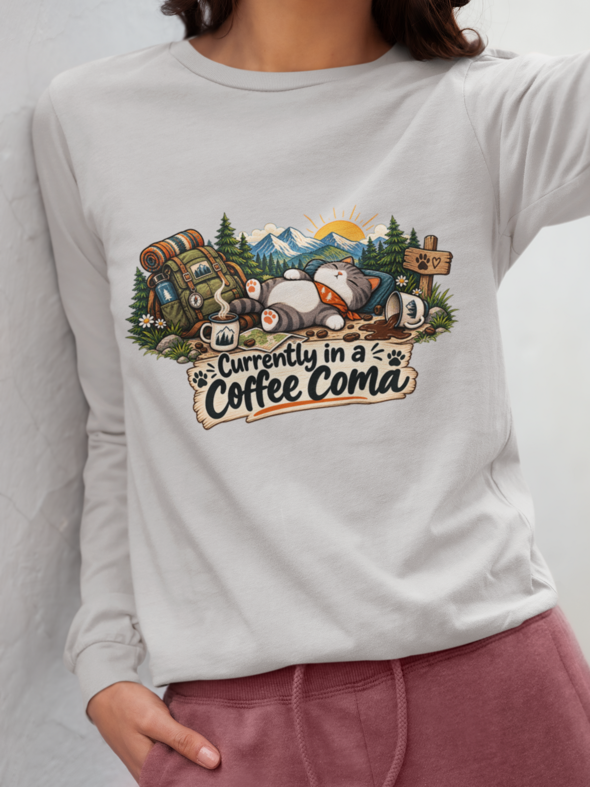 Currently in a Coffee Coma Long Sleeve Shirt | Funny Coffee Lover Cat Tee